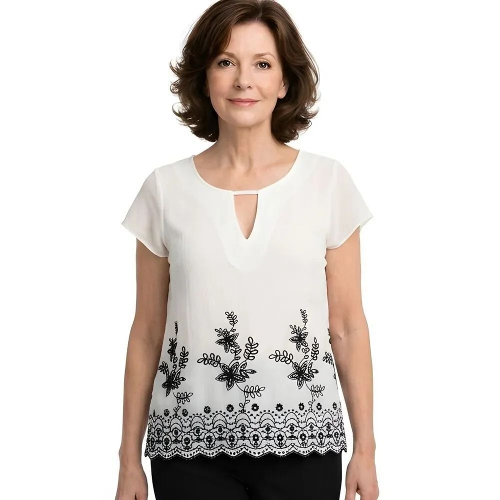Mine Ivory Embroidered Keyhole Neck Scalloped Cap Sleeve Sheer Blouse Size M